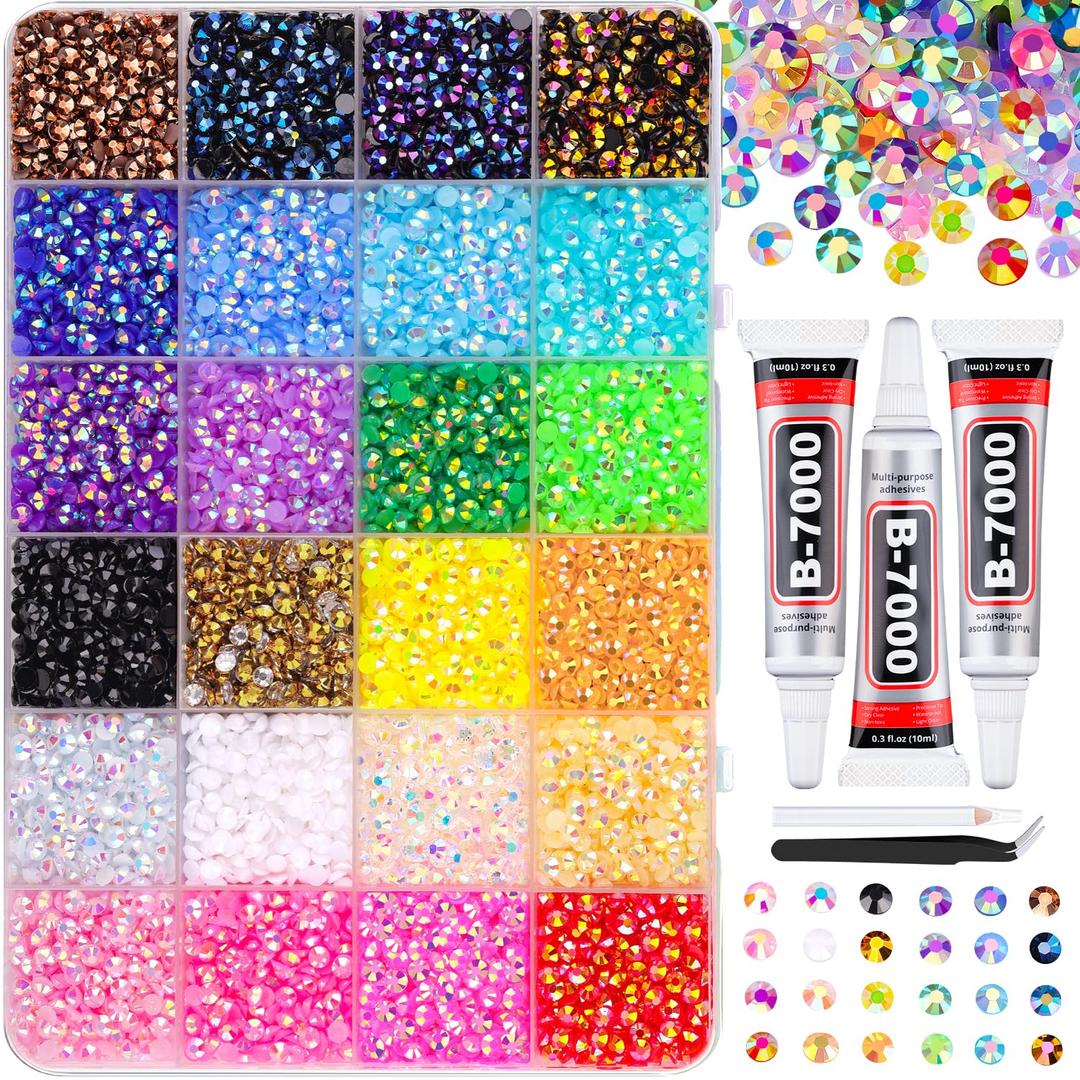 18000Pcs Resin Jelly Rhinestones for Bedazzling, Mixed-Color 4mm Flatback Gems for Diamond Art, Bedazzler Kit with 3Pcs 10ml B7000 Jewelry Glue for DIY Crafting Crafts Book Shoes Nail Art