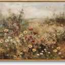 Framed Canvas Wall Art Vintage Decor, Vintage Painting Wall Art Prints, Landscape Wall Art for Living Room Decor Bedroom Home Bathroom Wall Decor (Wildflower Meadow at Dusk) (24L" x 16W")