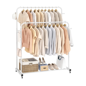 Laiensia Double Rods Garment Rack with Wheels, Clothing Rack for Hanging Clothes,4 Hooks, Multi-functional Bedroom Clothes Rack, White