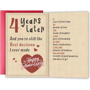2 x Happy 4 Year Anniversary Card for Girlfriend Boyfriend, Fourth Wedding Anniversary Card for Wife Husband, Romantic Four Year Love Cards Gift for Him Her, Sweet Marriage Milestone Gift