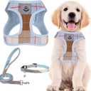 PUPTECK Adjustable Dog Harness Collar and Leash Set Step in No Pull Pet Harness for  Dogs Puppy and Cats Outdoor Walking Running, Soft Mesh Padded Reflective Vest Harnesses, BlueBrown L (L (CHEST 18"-20"))