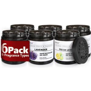 6 Pack Odor Eliminator Gel Beads, 6 kinds of fragrance Clear Air Freshener Made with Essential Oils - Eliminates Odors in Bathrooms, Cars, Boats, RVs & Pet Areas