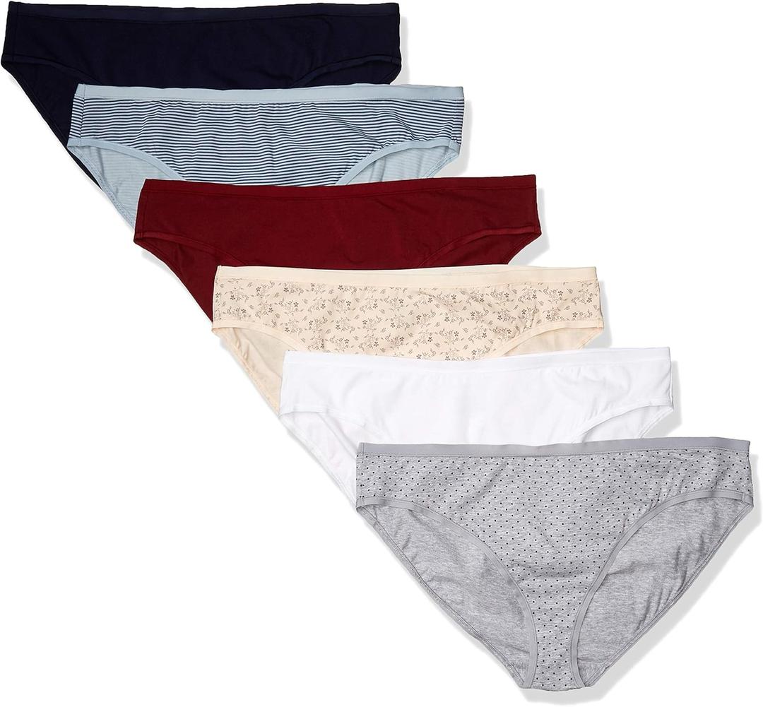 Amazon Essentials Women's Breathable Cotton Bikini Brief Underwear with Full Coverage, Pack of 6, Multicolor/ Dots/ Floral/ Stripe, 2X