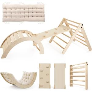 Pikler Triangle Set with Cushion Large, 5 in 1 Toddler Climbing Toys Indoor, Montessori Foldable Climbing Set for Kids, Wooden Playground Jungle Gym with Ramp, Arch and Ladder (Wooden Color) (Wooden Color)