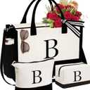 YOOLIFE Mothers Day Gifts - Initial Canvas Tote Bag & Makeup Bag, Birthday Gifts for Women Mom Sister Friends