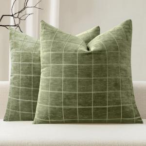 MIULEE Decorative Chenille Check Throw Pillow Covers Vintage Plaid Couch Pillows 20x20 Inch Set of 2 Neutral Boho Farmhouse Cushion Covers Modern Spring Decor for Sofa Bed Living Room Sage Green