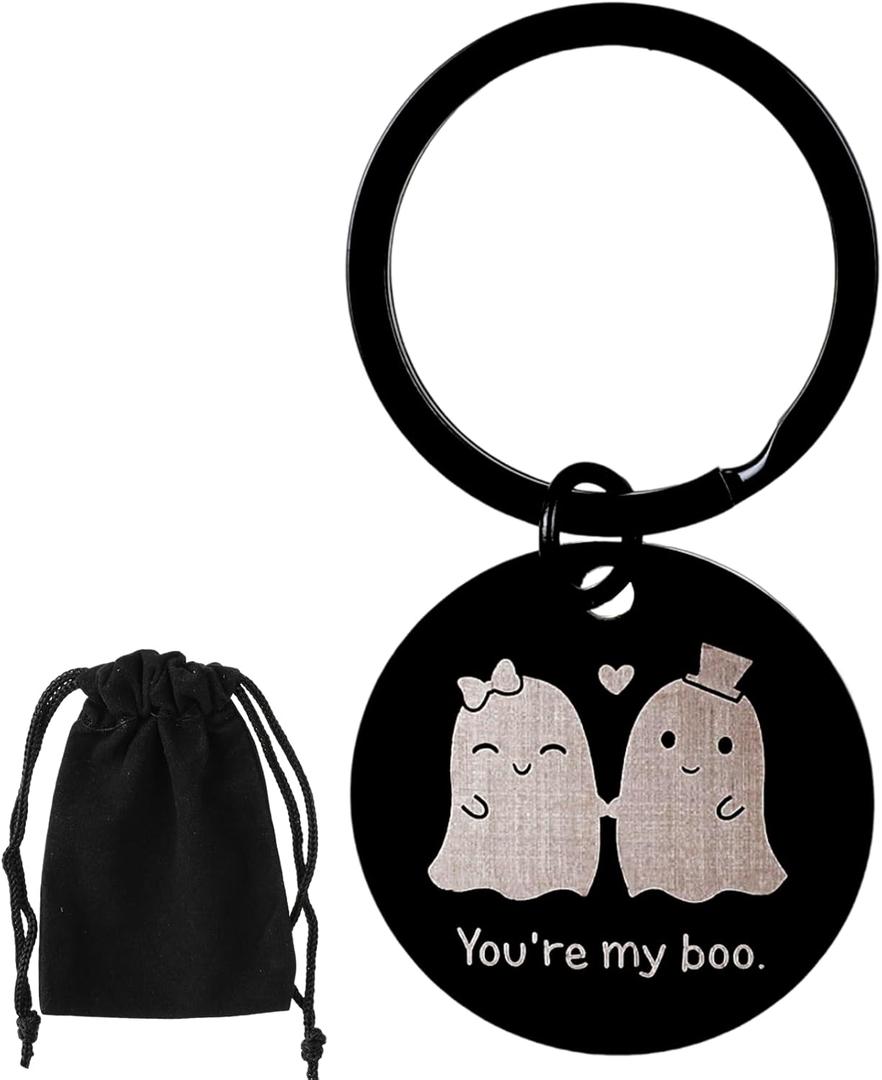 4 x Halloween Ghost Keychain, Halloween Keychain Boo Basket Stuffers for Women, Metal Spooky Gifts, With a Flannel Bag