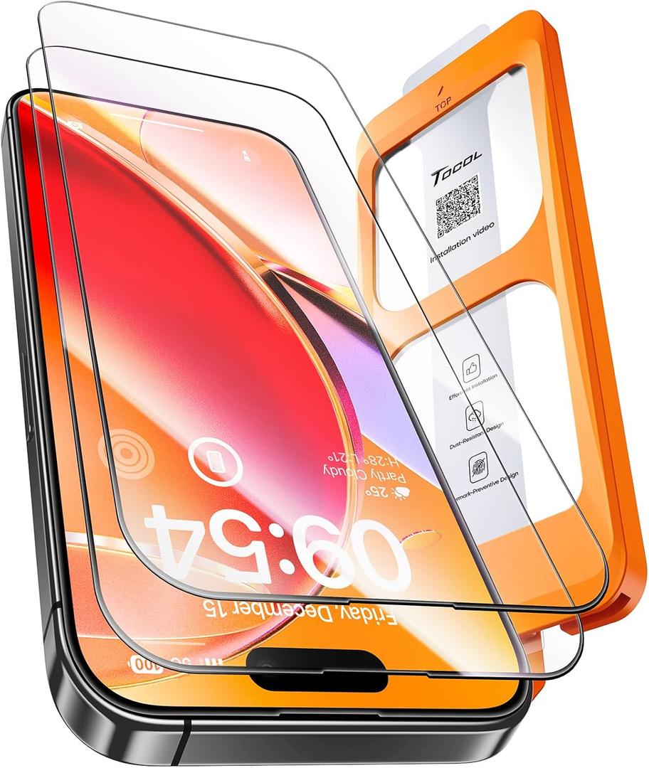 TOCOL for iPhone 16 Pro Screen Protector 9H Hardness Military Grade Shatterproof HD Tempered Glass Full Coverage Easy Installation Case Friendly 2 Pack (Clear)