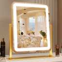 Gold Vanity Mirror with Lights, 15"x13" Lighted Makeup Mirror with Smart Touch, 3-Color Dimmable Lighting, 360 Rotation, Tabletop Mirror for Desk or Bedroom