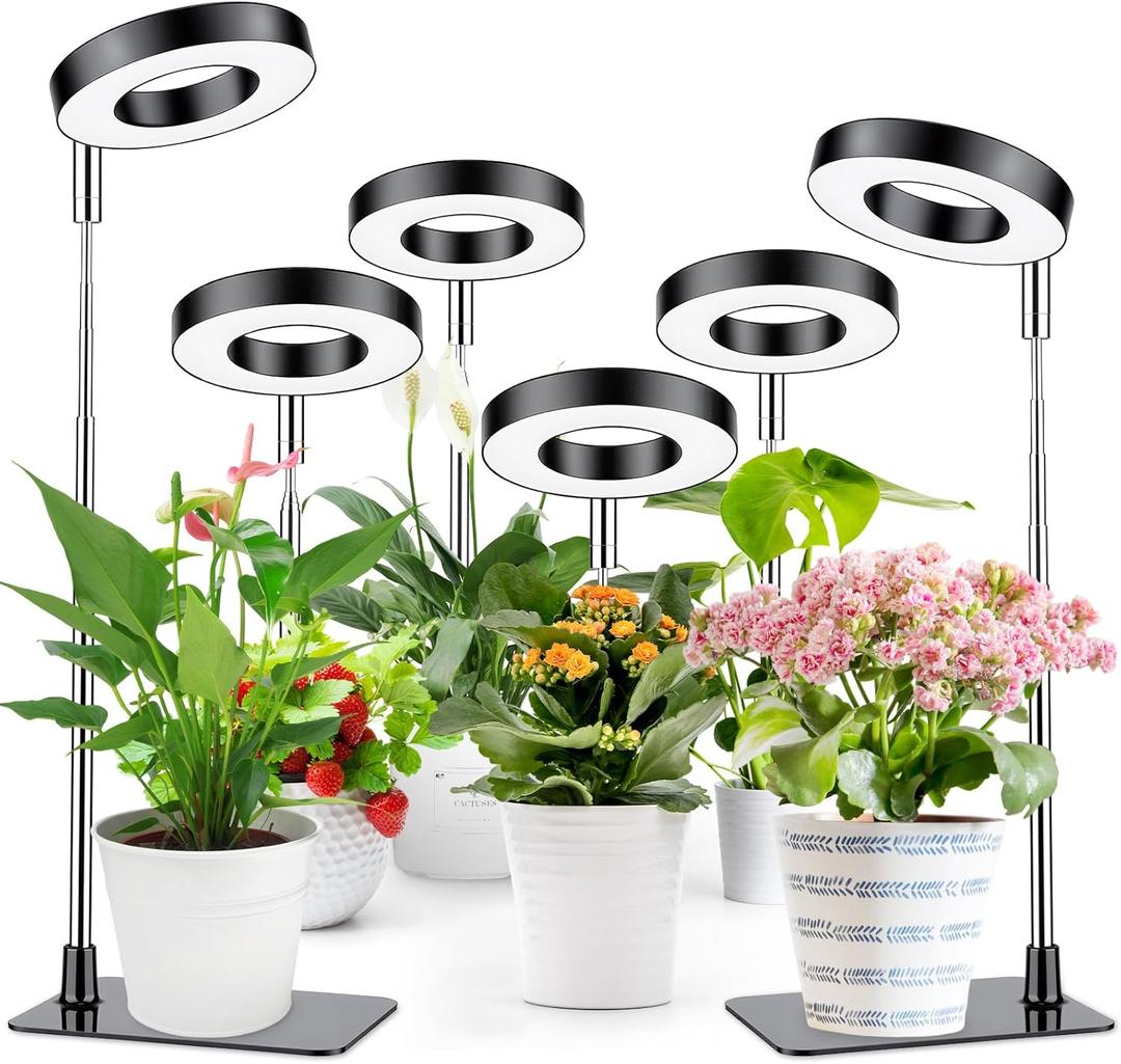 6 Pack Telescopic Grow Lights for Indoor Plants - 48 LED Full Spectrum Grow Lights for Indoor Plants, Height Adjustable Small Halo Grow Light with Base, 3 Selectable Light Sources