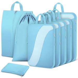 8 Set Compression Packing Cubes Travel, Expandable Travel Cubes for Carry on Luggage, Suitcase Organizer Compression Bags for Travel Essentials, Light Blue