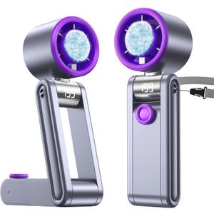 Portable Foldable Fan with Ice Cooling, 199 Speed Adjustable Handheld Fan Stand, 5500mAh Rechargeable Personal Fan with Digital Display and Lanyard, Summer Essential for Travel, Office, Outdoor,Grey