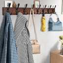 Kuhome 32.2'' Large Coat Rack Wall Mount Coat Hooks Coat Hanger with 8 Metal Black Triple- Hooks Brown Pine Real Wood Plank Hat Rack for Wall Hooks for Hanging Coat Hat Jacket