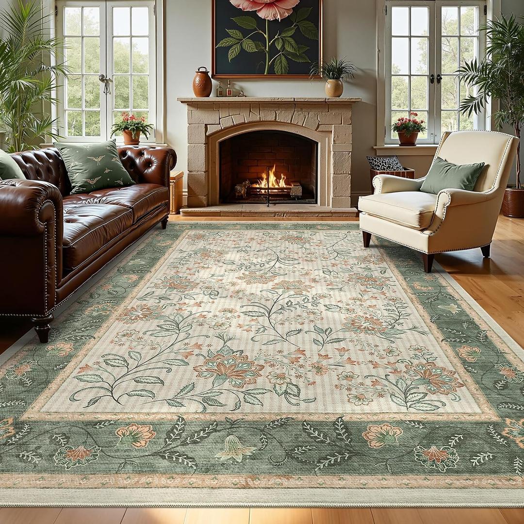 GarveeHome Area Rugs 8x10 for Living Room, Sage Green Botanical Floral Print Washable Rug Soft Non Slip Floor Mat Carpet Indoor Thin Cottage core Rug for Bedroom Dining Room Playroom Nursery Room