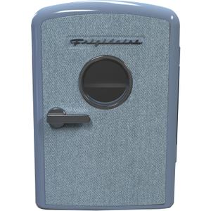 Frigidaire Mini Personal Fridge Cooler, 1 Gal Capacity fits 9 Cans, Includes Plugs for Home Outlet & DC Charger - 9.84" D x 7.09" W x 10.35" H, Light Washed Denim Fabric Door
