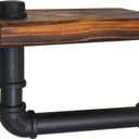 DSDS Toilet Paper Holder with Shelf Rustic Wooden Shelf and Black Iron Pipe Hardware Paper Towel Holder Wall Mount for Bathroom Washroom