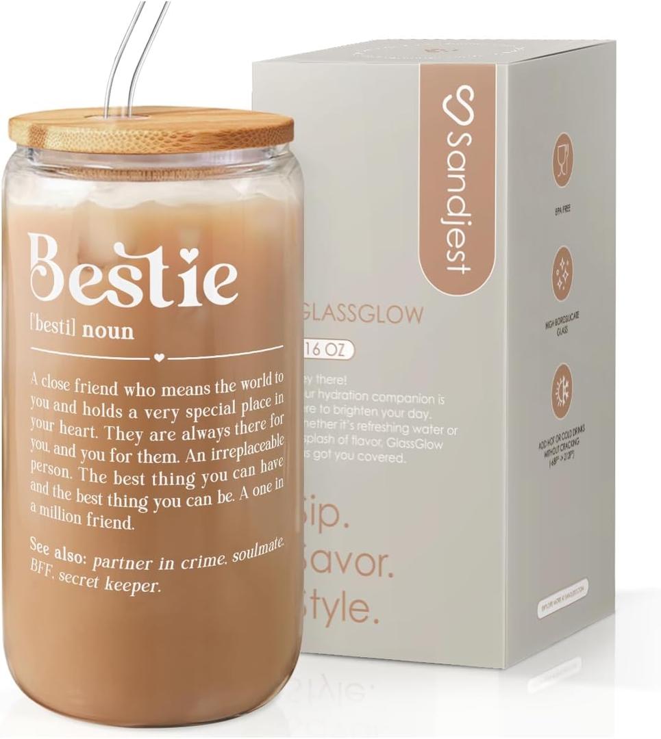 SANDJEST Best Friend Glass Can, Besties Definition Cup with Lid & Straw, Iced Coffee Aesthetic Cups, Gift for Christmas Birthday Mother Day, Gifts for Women Friends Sisters, 16oz