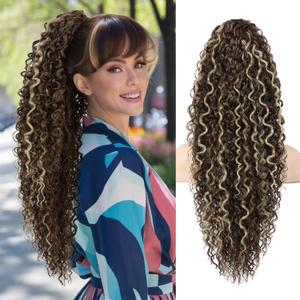 LONAI Ponytail Extension,26 Inch Curly Claw Clip Ponytail Hair Extension,100 Pure Protein Silk Claw Clip in Pony Tail Hair Natural Soft Hairpiece for Women(Brown with Deep Blonde Highlights)