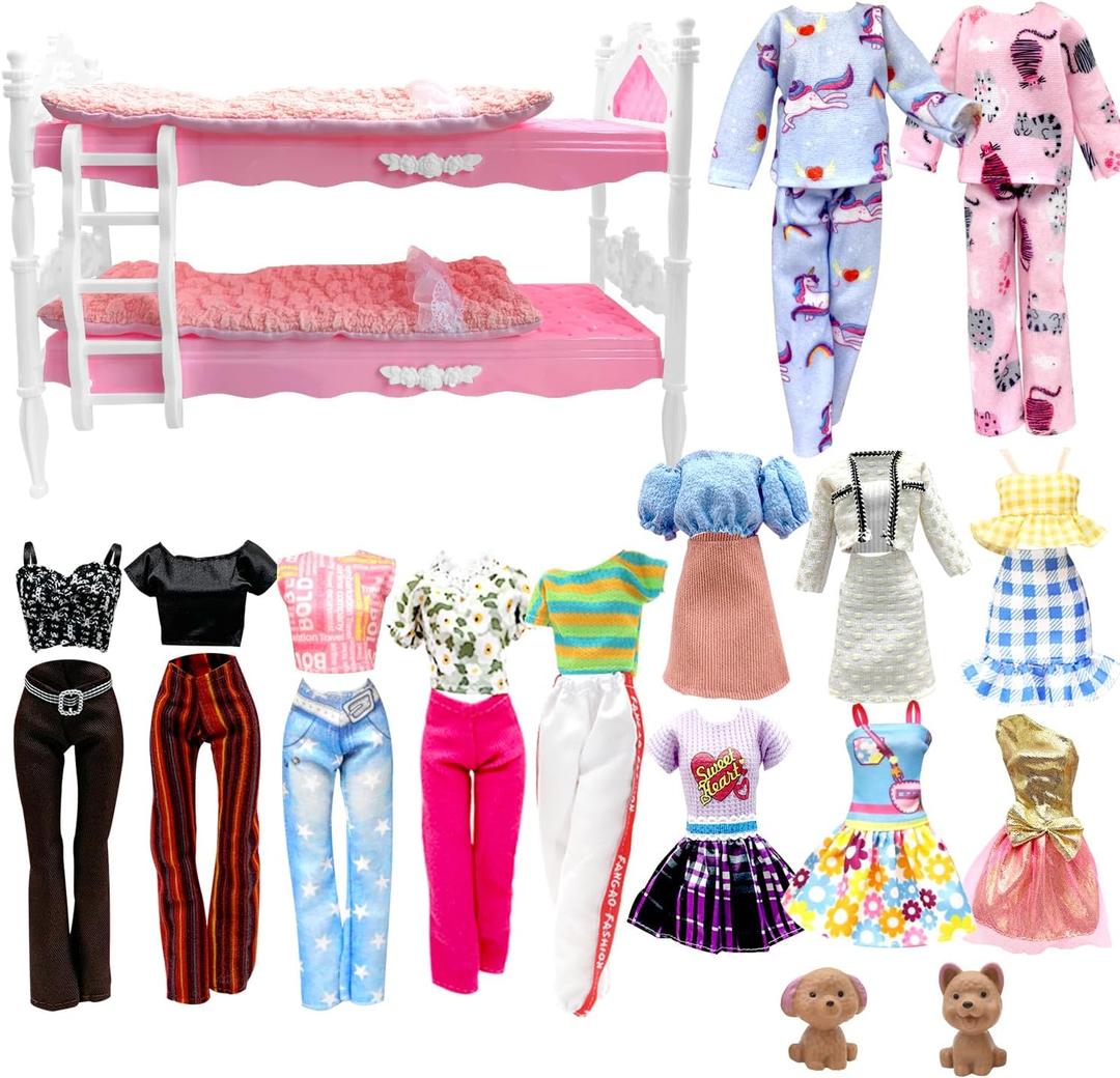 Dolls Clothes and Accessories, Bunk Bed Playset, 2 Pajamas, 2 Fashion Dresses, 2 Clothing Outfits, Bedroome Set for 11.5 inch Dolls, with 2 Blankets