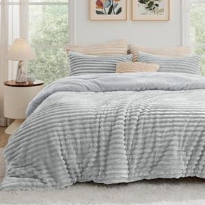 Bedsure Fluffy Comforter Set Queen - Super Soft Faux Fur Bed Set Light Grey, Winter Warm Plush Fleece Bedding, 3 Pieces, 1 Shaggy Fuzzy Queen Size Comforter with 2 Pillowcases