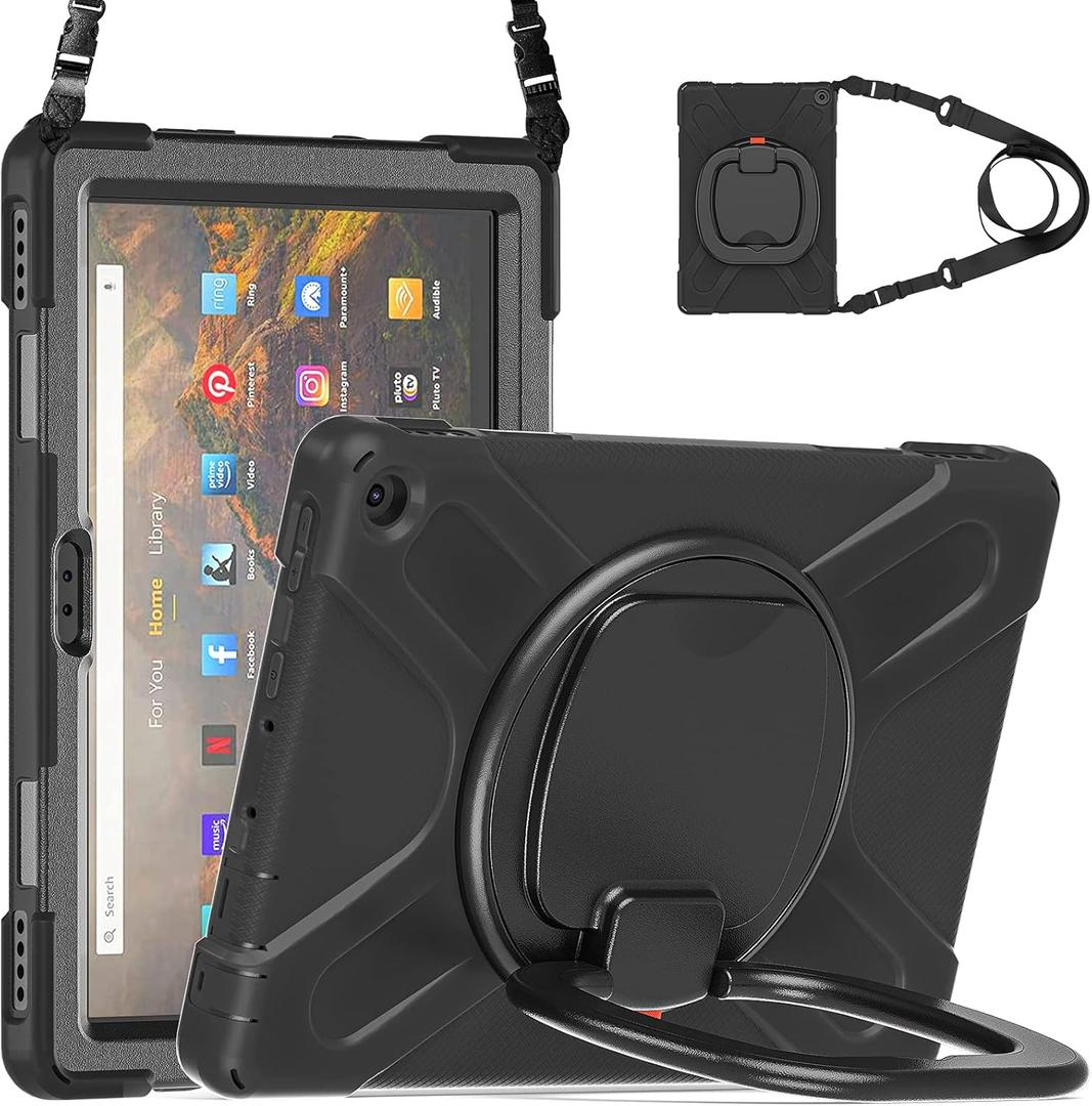 All-New Fire HD 10 & Fire HD 10 Plus Tablet case for Kids(2021 Release,11th Generation),Heavy Sturdy Shockproof Kids Case,Rotating Stand/Carrying Strap, Black+Black
