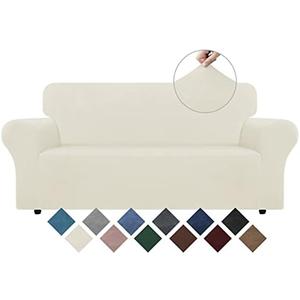 WEERRW Velvet Couch Cover - High Stretch Sofa Slipcovers with Non Skid Foam and Elastic Bottom, Furniture Protector for Pets, Crafted from Soft Plush Fabric, Ivory, Medium