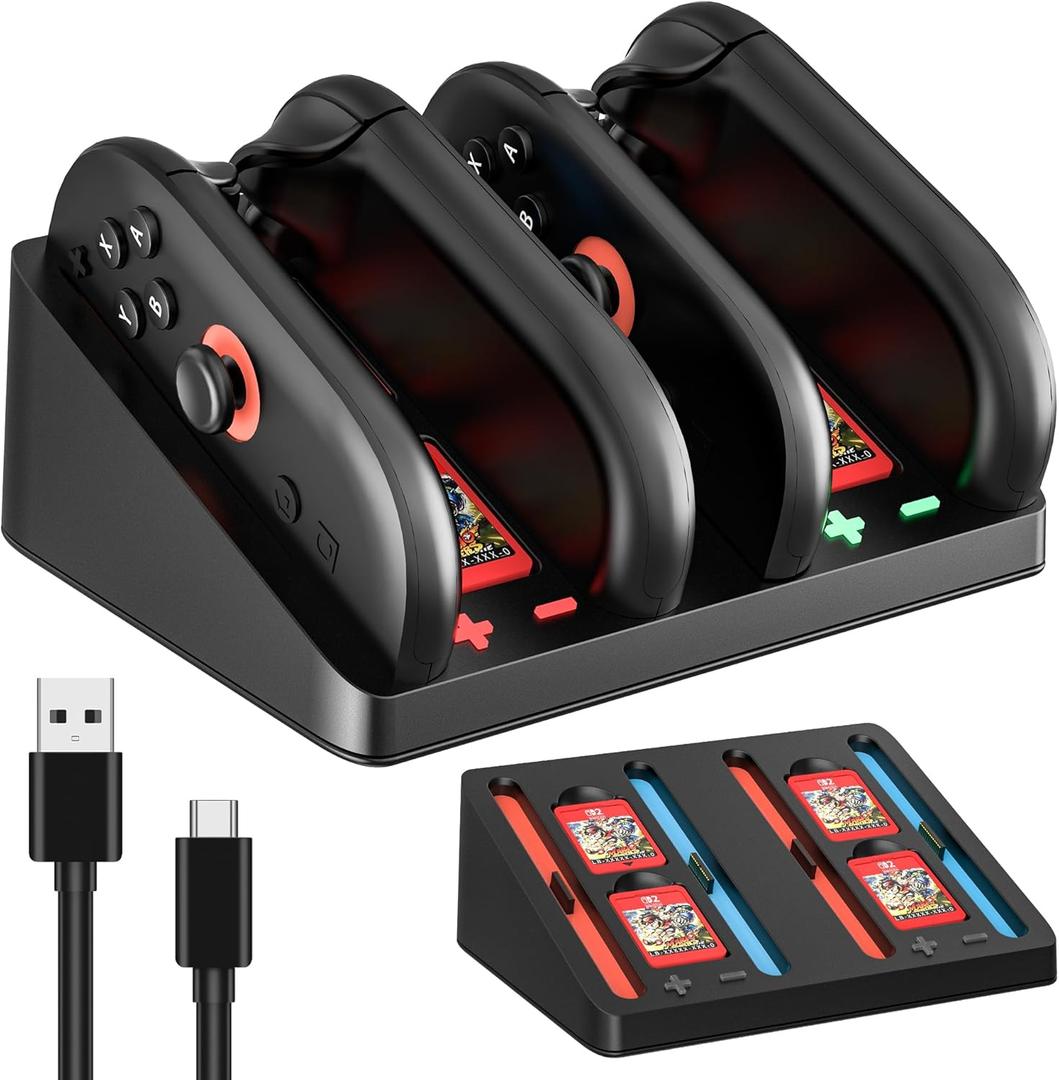4-Bit Charging Dock for Nintendo Switch 2 Controller (2025 Release), Magnetic Design Switch 2 Charge Station with a Type-C Charging Cable, 4 Game Cards & 4 SD Cards Storage (Lying-flat 3)