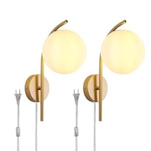 Qichksum Wall Sconces Plug in Set of 2, Hanging Wall Lamp with Plug in Cord, Metal Wall Lamp White Glass Globe Indoor Wall Decor Light for Bedroom, Farmhouse, Hallway, Living Room, Kitchen, Gold