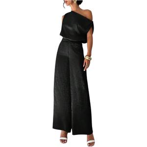 OYOANGLE Women's 2 Piece Outfits Metallic Sleeveless Asymmetrical Crop Blouse and Wide Leg Pants Set (Black)