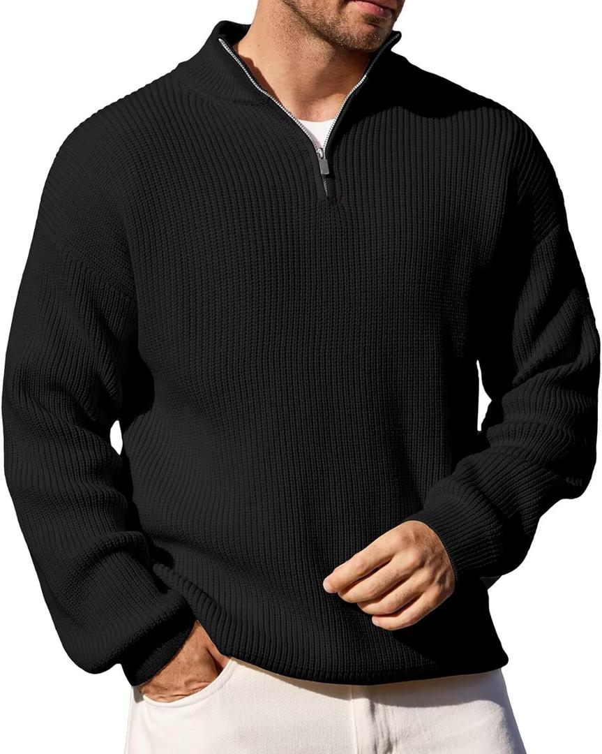Men's Big Tall Quarter Zip Sweater Mock Neck Pullover Sweaters Fall Winter Casual Knit Pullovers (Black, XXXL)
