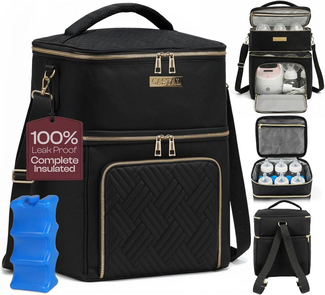 Castal Breast Pump Bag Spectra S1 S2Insulated Spectra Pump Bag, Breastmilk Cooler Bag with Ice PackLeak-Proof Double Layer Breast Pump Travel Bag Holds 6 Milk Bottles with Elastic StrapBlack