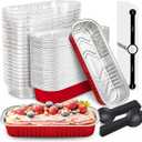 50 PACK Mini Cake Pans with Lids and Spoons, Rectangular Aluminum Foil Bread Pan, Mini Loaf Pans and Food Containers with Lids (Red, 6.8oz)