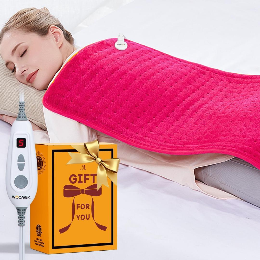 WOOMER Extra Large Heating Pad, 17"x33" XL Heating Pad, Heat Pad with Multi-Color Option, Moist Heat Therapy Feature, Auto Shut-Off, Power Cords Storage Belt (Magenta)