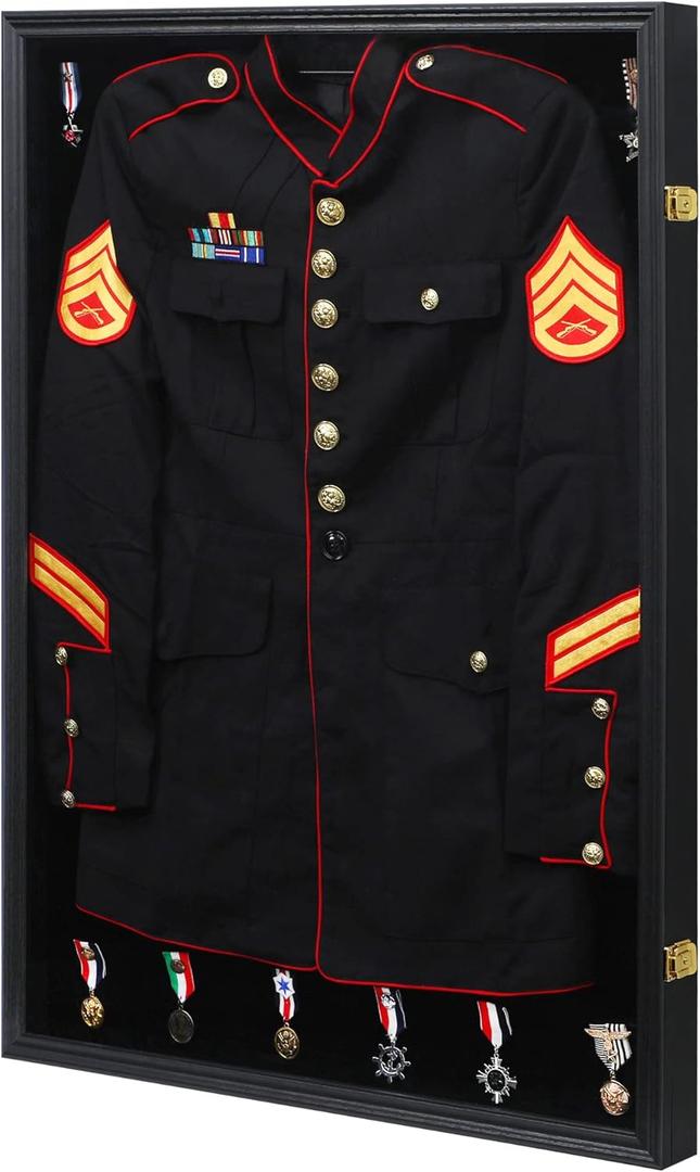 KCRasan Military Uniform Display Case - Police Uniform Display Frame - Uniform Shadow Box Wall Cabinet with Uv Protection Acrylic Door for Collection Military Uniform Black