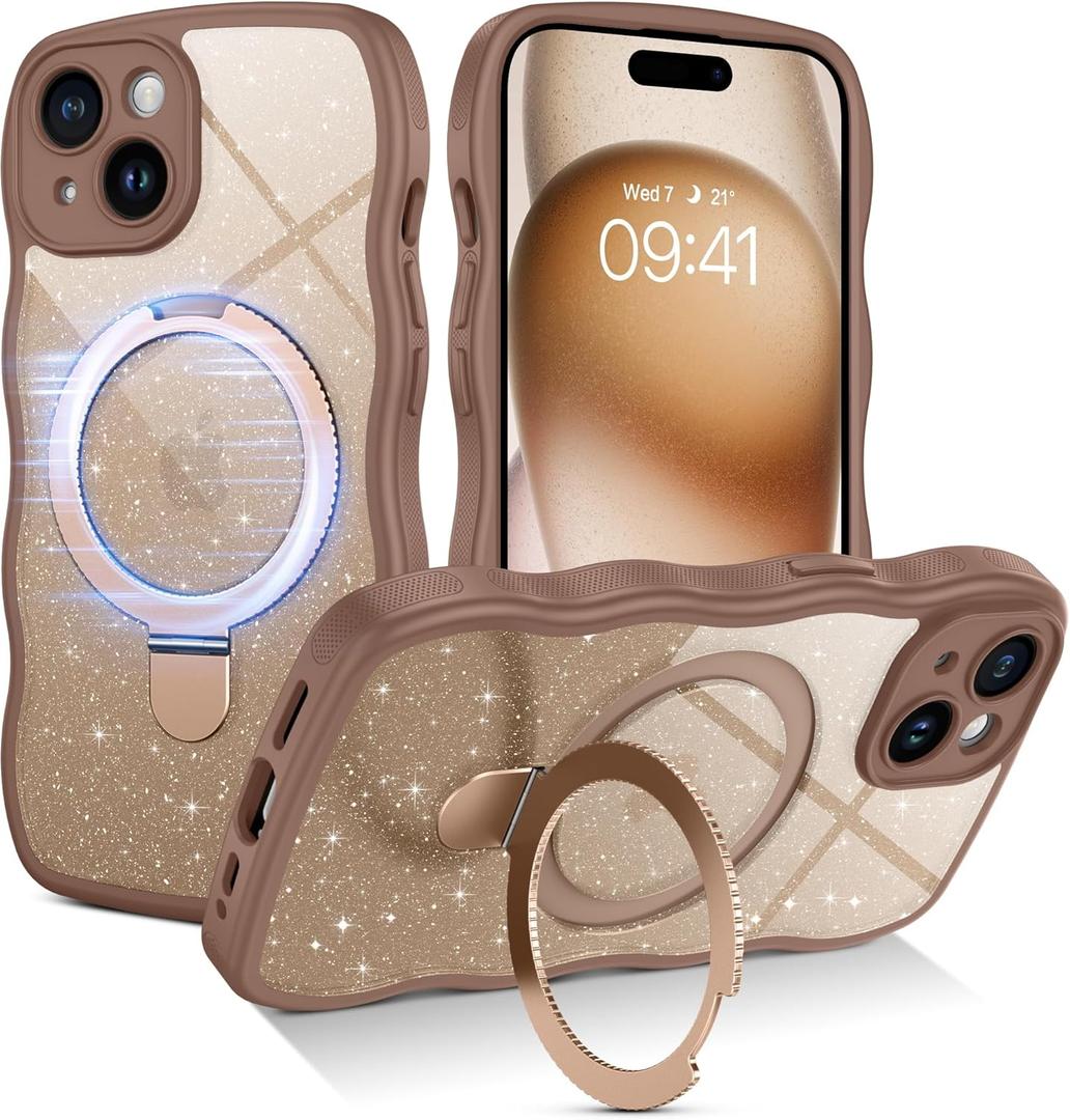 BENTOBEN Magnetic for iPhone 15 Case with Invisible Kickstand Ring [Compatible with Magsafe]Clear Glitter Curly Wave Bumper Non-Slip Grip Shockproof Women Men Phone Cover for iPhone 15,Desert Titanium