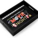 Teenyyou Movie Night Snack Trays with Handles, Reusable Wooden Popcorn Basket Bowl Box, Portable Snack Serving Container for Family Room, Home Theater, Party Use(Black,Movie Night)
