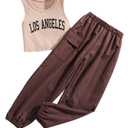 Floerns Girls 2 Piece Outfit Letter Print Rib Knit Crop Tank Top and Cargo Pants Brown 9Y