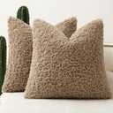 Faux Fur Throw Pillow Covers 20x20 Inch Set of 2 Boucle Neutral Decorative Sherpa Fuzzy Accent Soft Sheepskin Fleece Cushions Modern Home Decor for Couch Sofa Bedroom Living Room,Khaki