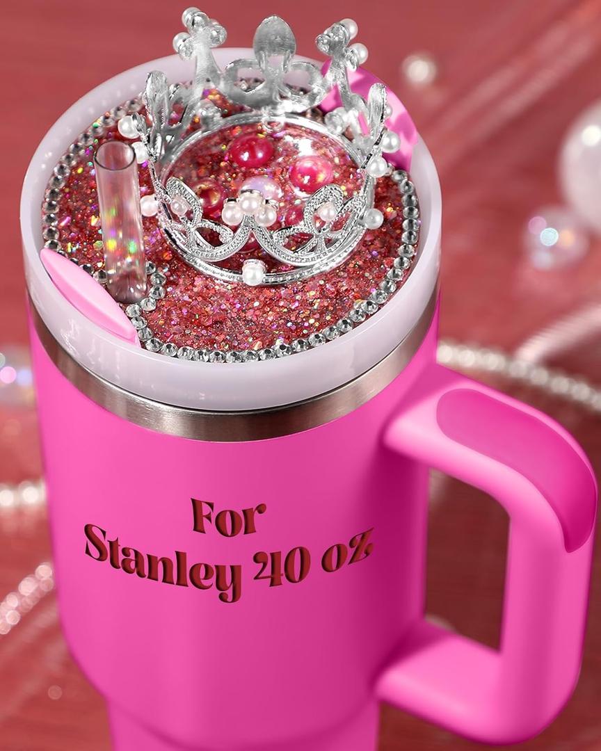 Lid Name Plate Topper for Stanley Cup 40 30 oz - Crown Cute Decoration Accessories for Tumbler, Water Bottle Glitter Decor for Women Girls (Light Pink)
