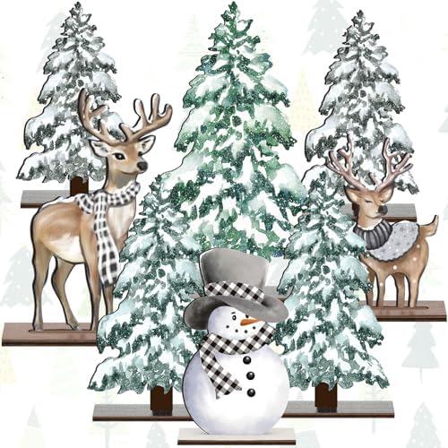 Meanplan 8 Pcs Wooden Christmas Table Decorations Rustic Christmas Tree Snowman Reindeer Tabletop Decorations for Mantel Wooden Winter Table Centerpiece Signs for Tiered Tray Fireplace