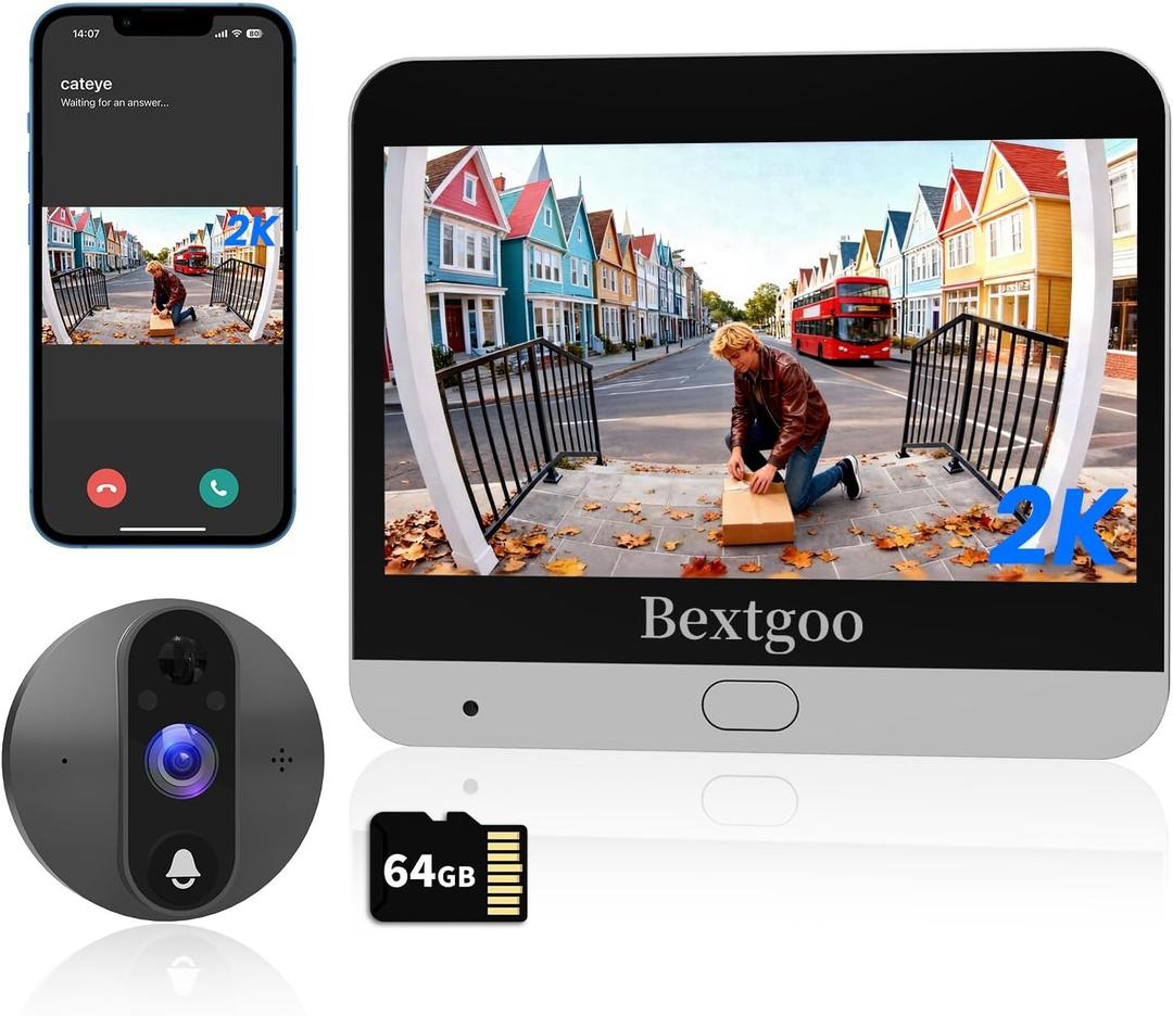 2K Video Peephole Doorbell Camera with 64GB Memory Card, Door Peephole Video Doorbell with 4.3" Color Monitor, 8000mAh Battery, 170 Wide View, Smart Detection Alerts, Night Vision