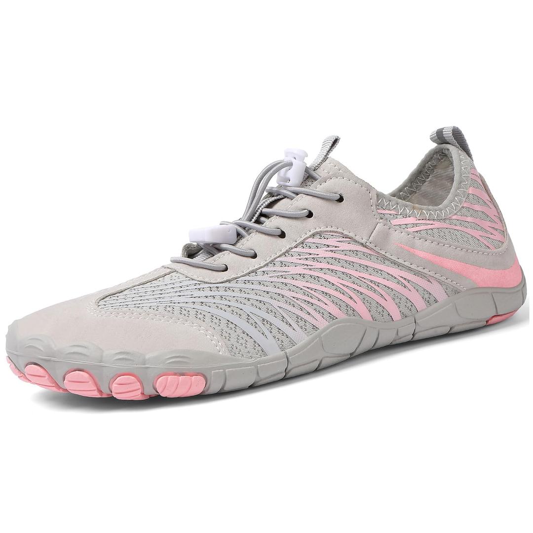 UBFEN Water Shoes for Men and Women Quick Dry Barefoot Hiking Swim Footwear, Grey Pink 7 Women/6 Men