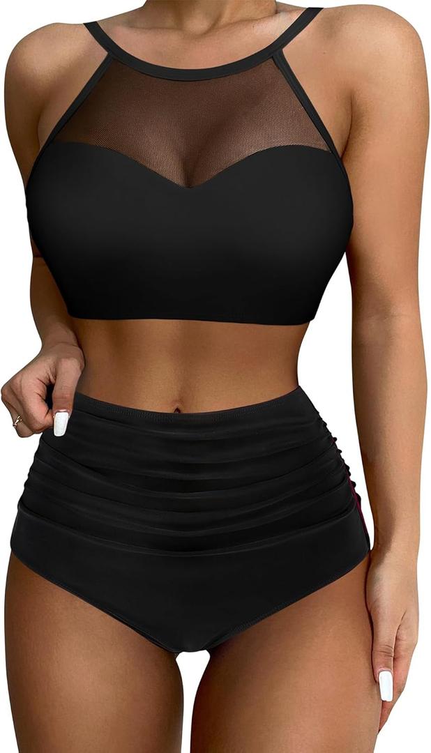 SUUKSESS Women High Waisted Bikini Sets Sexy Mesh High Neck Swimsuit 2 Piece (Large, 73 Black)