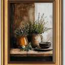 Vintage Gold Framed Canvas Wall Art Rustic Still Life Kitchen Farmhouse Picture Wall Decor Vintage Jars Culinary Herbs Oil Painting Print Art for Living Room Kitchen Bedroom Home Decoration 12x16in