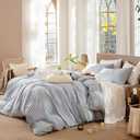 MooMee Gingham Duvet Cover Set 100% Washed Cotton Linen Like Textured Breathable Durable Soft Comfy Modern Checkered Design (Classic Gingham Cornflower Blue, Full 80"x90")