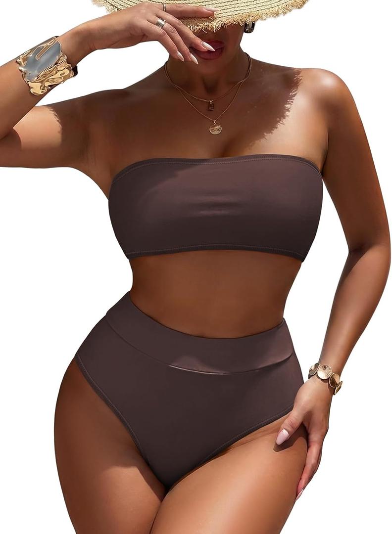 Pink Queen Women's High Waist Bikini Set Removable Strap Bandeau Two Piece Swimsuit Bathing Suit (02 - Dark Brown, 2XL)