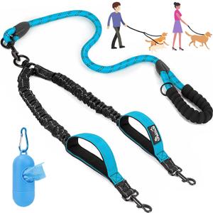 Lukovee Double Dog Leash, No Tangle 360 Swivel Heavy Duty Reflective Lead with Two Padded Handles Dual Dog Splitter, Comfortable Shock Absorbing Walking Training for Small Medium Large Dogs(Blue,L)