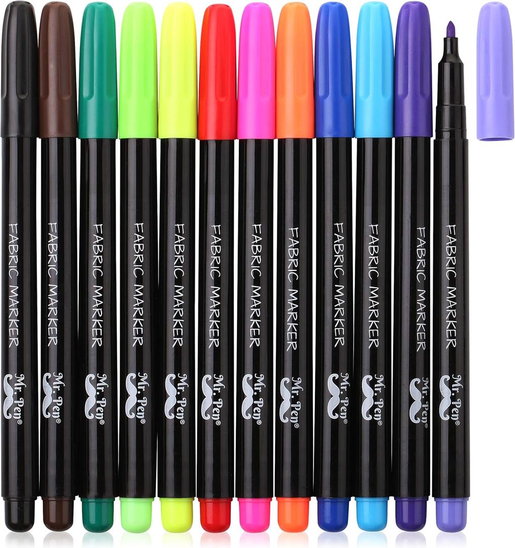 Mr. Pen- Fabric Markers,12 Pack, Fabric Markers Permanent, Fabric Paint Markers, Fabric Pen, Permanent Fabric Markers Assorted Colors, Marker for Clothes, Markers for T Shirts, Permanent Fabric Pen