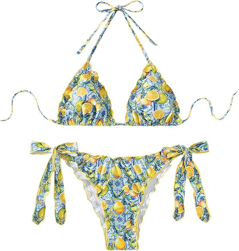 Milumia Women's 2 Piece Bikini Set Lemon Lettuce Trim Halter String Triangle Bathing Suit, Large