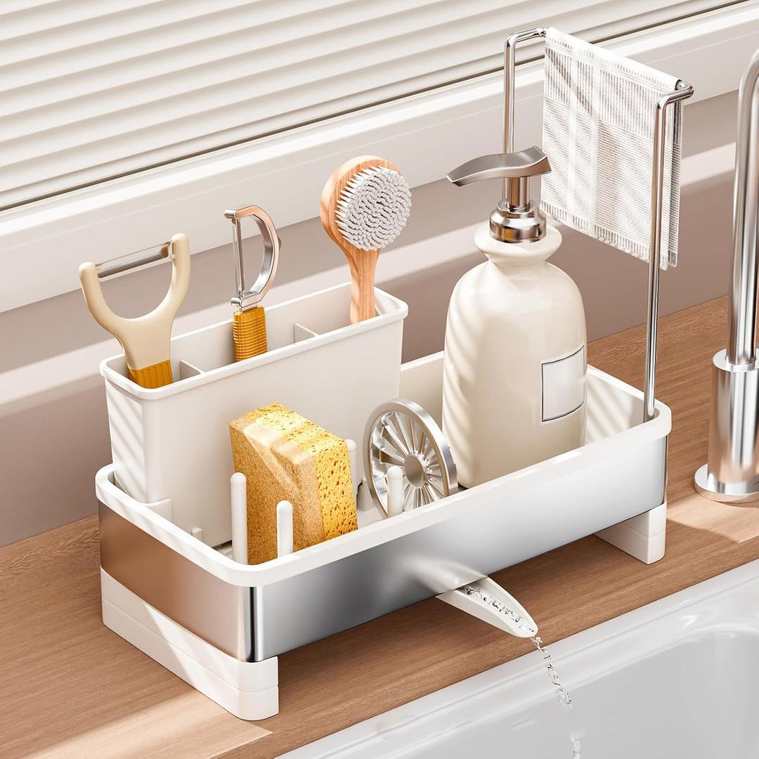Sponge Holder for Kitchen Sink, Sink Caddy Organizer with Removable Brush Holder, Kitchen Countertop Soap Dispenser Storage with Detachable Towel Rack, White